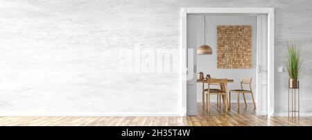 Empty room interior background, white and gray stucco wall, plant and opened door to the dining room, home design, panorama 3d rendering Stock Photo