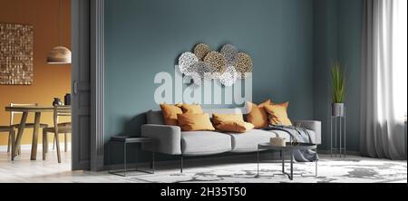 Modern interior design of living room with gray sofa, apartment, home design 3d rendering Stock Photo
