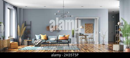 Modern interior design of scandinavian apartment, living room with blue sofa, dining room and hall. Home design. Panorama 3d rendering Stock Photo
