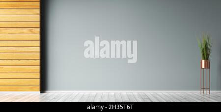 Empty room interior background, wooden paneling, blue wall with copy space and gray wooden floor, pot with plant 3d rendering Stock Photo