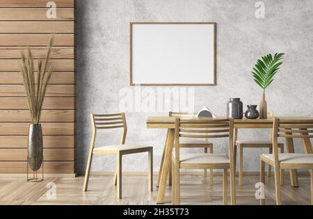 Interior design of modern apartment, frame mockup in dining room or living room with beige stucco wall and wooden paneling. Home loft design with tabl Stock Photo