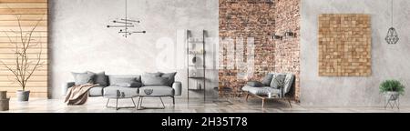 Modern interior design of loft apartment, living room with gray sofa. Home design with brick and stucco walls. Panorama. 3d rendering Stock Photo