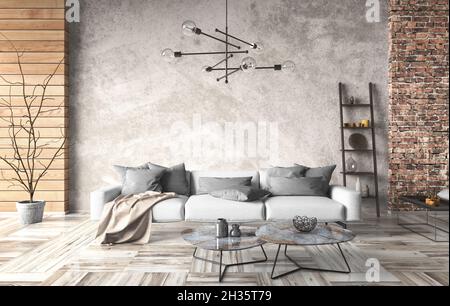 Modern interior design of loft, industrial living room with white sofa. Home design with brick and stucco walls. 3d rendering Stock Photo