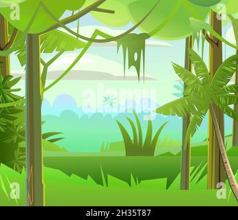 Jungle vines. Dense thickets. View from the forest. Southern Rural Scenery. Tropical forest panorama. Illustration in cartoon style flat design Stock Vector