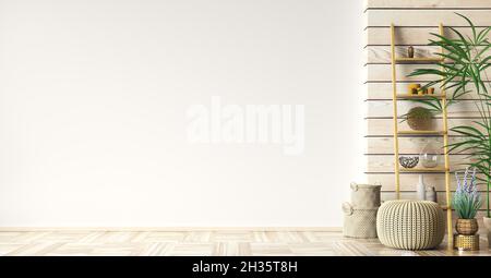 Interior with knitted ottoman and ladder shelf in modern living room over wooden panelling and empty mockup wall, home design 3d rendering Stock Photo