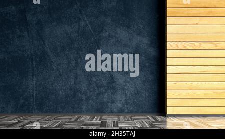 Empty room interior background, wooden boards paneling and dark blue concrete stucco mockup wall, wooden flooring, Copy space. 3d rendering Stock Photo