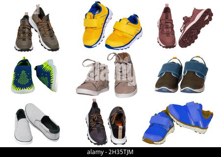 Collage set children summer shoes. Collection of elegant stylish male leather sneakers or sport shoes isolated on a white background. Boys shoe fashio Stock Photo