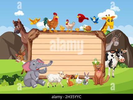 Empty wooden frame with various farm animals illustration Stock Vector ...