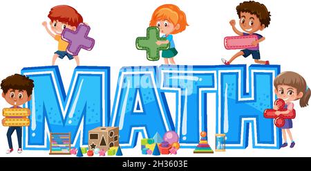 Isolated Mathematics font banner with kids holding math symbol illustration Stock Vector