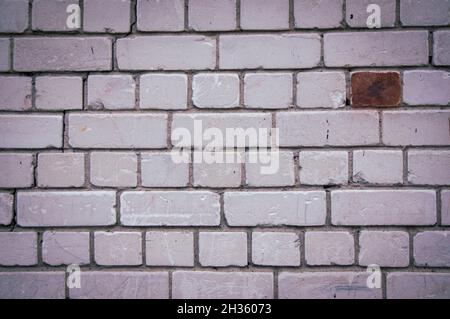 Painted in grey white colors old vintage empty brick wall background with copy space. Rustic cemented house stonewall texture with grunge surface. Shabby Building Facade With Damaged Plaster Stock Photo