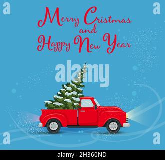 New year card with a red car carrying a christmas tree on the roof, vector , flat, cartoon style, banner, flyer Stock Vector