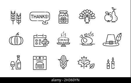 Thanksgiving traditional American holiday icons set. Harvest, turkey, vegetables, family dinner and other. Pixel perfect, editable stroke Stock Vector