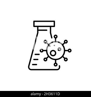 Coronavirus vaccine lab research icon. Covid molecule over a laboratory flask. Pixel perfect, editable stroke. Stock Vector