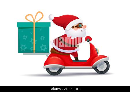 Cute Santa Claus on a scooter carries a large gift box tied with a ribbon. Christmas banner, greeting card. Isolated vector illustration ,cartoon Stock Vector