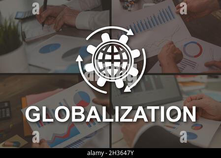 Globalization concept illustrated by pictures on background Stock Photo