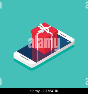 Gift box on the smartphone screen isometric. Vector illustration Stock Vector
