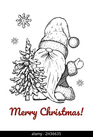 Hand drawn Christmas greeting card with Santa Clause and Christmas tree. Vector illustration in sketch style Stock Vector