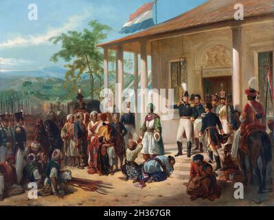 Netherlands / Indonesia: 'The Submission of Prince Dipo Negoro to General De Kock'. Oil on canvas painting by Nicolaas Pieneman (1809-1860), 1835.  The painting depicts the events on March 28, 1830, which brought about the end of the Java War (1825-1830).  The Javanese prince, Dipo Negoro, descends the stairs at the Dutch residence in Magelang after his surrender to General Baron de Kock. Two forlorn figures throw themselves at the prince’s feet. On the ground, in token of the surrender, lie a number of spears belonging to Dipo Negoro's followers. De Kock resolutely points to a carriage. Stock Photo