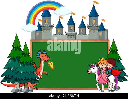 Empty chalkboard banner with fairy tale cartoon character and elements ...