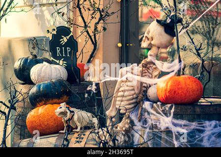 Halloween background with orange, black and white halloween pumpkins, skeleton of man and dog, grave with the word RIP and cobwebs Stock Photo