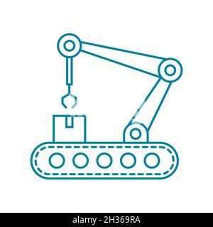 Automation concept. Robotic hand and assembly line icon. Industry 4.0. Conveyor production manufacturing line. Improving productivity. Vector, flat Stock Vector