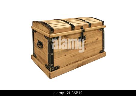 piratical vintage closed wooden chest with rivet metal handle isolated on white background. old treasure Stock Photo