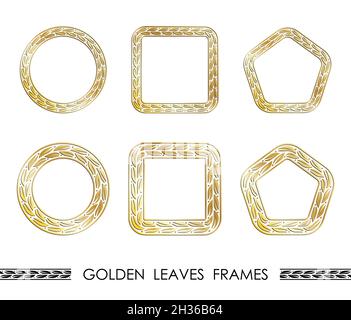 Set of golden LEAVES round and square frames for decorative headers. Golden floral ornaments isolated on white background. Vector Stock Vector