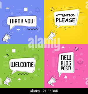 Thank you in bubble vector on bright yellow background. Attention please comic speech bubble. Welcome text cartoon comic explosion. New blog post Mass Stock Vector