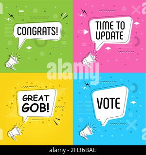 Congrats in bubble vector on bright yellow background. Time to update comic speech bubble. Grat job cartoon comic explosion. Vote Massages and talk si Stock Vector