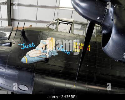 Just Jane nose art on aircraft Avro Lancaster RAF bomber Stock Photo ...