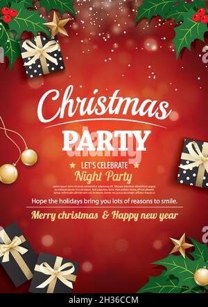 Merry christmas party and gift box on wooden background invitation theme concept. Happy holiday greeting banner and card design template. Stock Vector