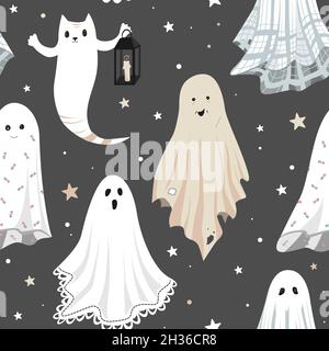 Seamless pattern with cute cartoon ghosts in vintage sheets dressing. Halloween party vector illustration Stock Vector