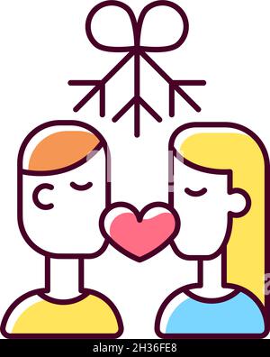 Couple kissing under mistletoe RGB color icon Stock Vector