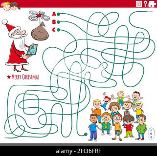 Cartoon illustration of lines maze puzzle game with Santa Claus character and children group on Christmas time Stock Vector