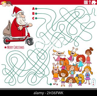 Cartoon illustration of lines maze puzzle game with Santa Claus character on scooter and children group on Christmas time Stock Vector