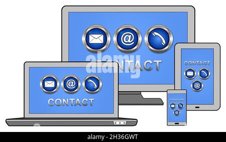 Contact concept shown on different information technology devices Stock Photo