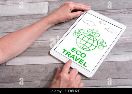 Eco travel concept shown on a tablet used by a woman Stock Photo