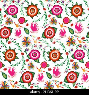 Seamless Mexican floral embroidery pattern, colorful native flowers folk fashion design. Embroidered Traditional Textile Style of Mexico, vector Stock Vector