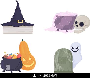Spooky Halloween decorations semi flat color vector item set Stock Vector