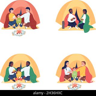 Family camping semi flat color vector characters set Stock Vector