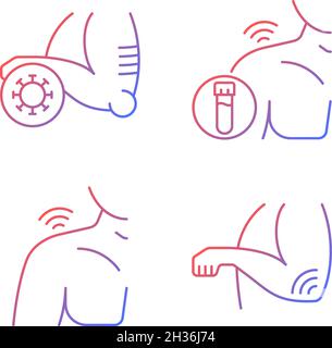 Shoulder and elbow pain gradient linear vector icons set Stock Vector