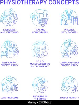 Physiotherapy graident blue concept icons set Stock Vector