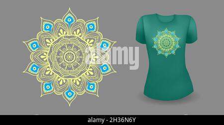 Green female t shirt with mandala. Vector realistic Stock Vector