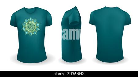 Green male t shirt with mandala. Front, back and side view. Vector Stock Vector