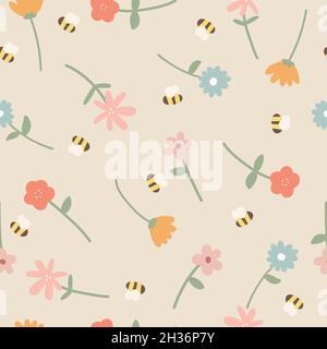 Seamless pattern designed with pink anb blue flowers and yellow bees with light beige background Stock Vector