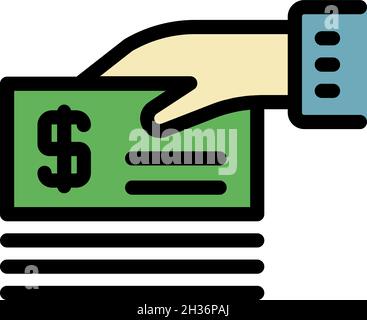Hand with money check icon. Outline hand with money check vector icon color flat isolated Stock Vector
