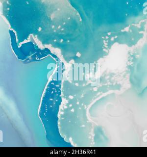 Turquoise Ocean Waves. on Canvas. Alcohol Ink Stock Photo