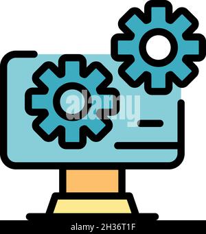 Two gears on the screen icon. Outline two gears on the screen vector icon color flat isolated Stock Vector