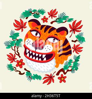 Tiger vector head, cartoon tiger funny face in Japanese maple leaves and pine branches wreath frame. Organic flat style vector illustration. Stock Vector