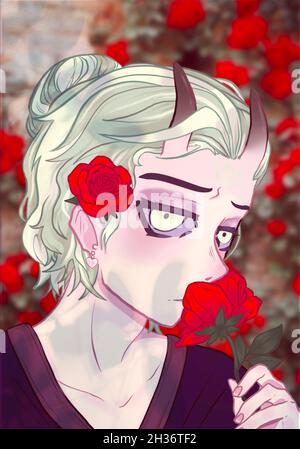 Girl sniffing a red rose in San Valentine day Stock Photo - Alamy